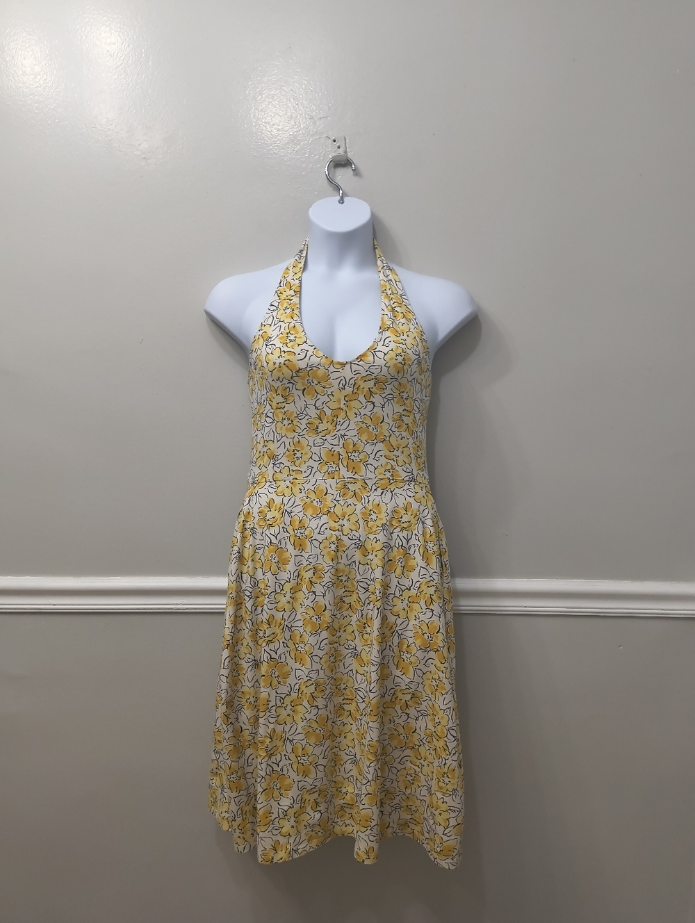 Pact Womens V Neck Sleeveless Midi Halter Dress Size L Yellow Floral Summer